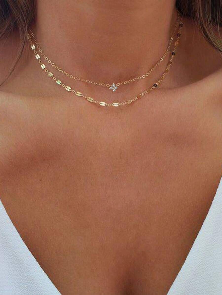 2pcs Women's Necklaces, Fashionable Clover Pendant Necklaces With Micro-Inlaid Zirconia, Layered Necklaces For Daily Wear - Yellow Gold - View 1