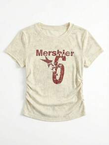 女士休闲字母印花修身短袖T恤，百搭夏季款 - 杏色 - 查看 4