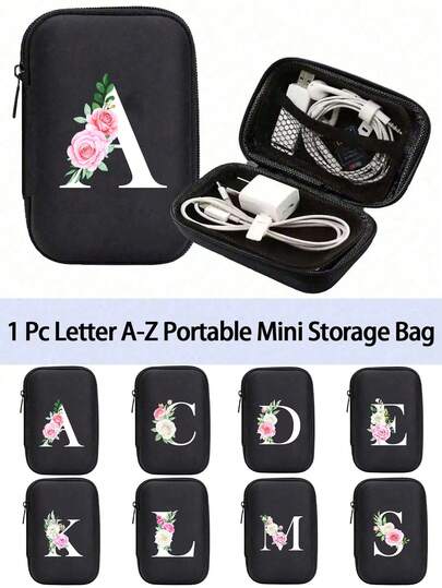 Letter Floral Pattern A-Z Portable Mini Storage Bag,Waterproof Shockproof Digital Accessories Organizer | Zipper Wallet-Style Pouch For Phone Chargers, Data Cables, Wireless Bluetooth Earphones & Headphones | Custom Letter Logo Electronic Gadget Storage Box | Essential For Business Trips, Travel, School, College & Office Use | Ideal For Students, Professionals, Travelers & Digital Gear Lovers