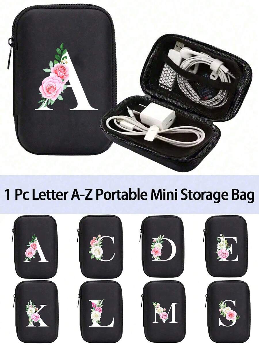 Letter Floral Pattern A-Z Portable Mini Storage Bag,Waterproof Shockproof Digital Accessories Organizer | Zipper Wallet-Style Pouch For Phone Chargers, Data Cables, Wireless Bluetooth Earphones & Headphones | Custom Letter Logo Electronic Gadget Storage Box | Essential For Business Trips, Travel, School, College & Office Use | Ideal For Students, Professionals, Travelers & Digital Gear Lovers - Multicolor - View 1