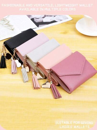 Cute Tassel Pendant Decor Wallet Faux Leather Multi-Functional Wallet Women Short Wallet Coin Purse Flap Card Case Envelope Bag For Women Wallet