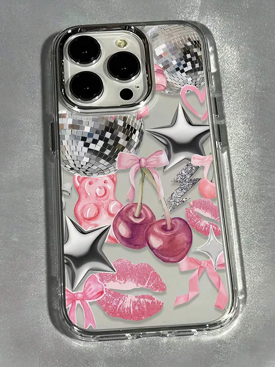 1pc Metal Frame Transparent Personalized Lips, Pink Cherry Blossom, Bow, Lightning, Star Puzzle Pattern Phone Case, Compatible With IPhone 16 Pro Max, 17/16/15/14 Plus, 13/12/11, Air - Multicolor - View 1