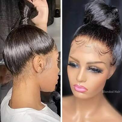 200% 密度直发长款蕾丝前假发，预先拔毛，13x4 高清蕾丝前假发，混合真人发，女士假发，自然黑色，自然发际线，8-34 英寸波波头假发