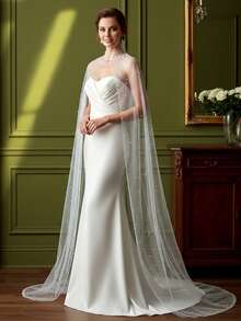 白色珍珠女士长款披肩斗篷，复古优雅，适合出席晚宴、舞会、正式活动、日常聚会等场合。 - 乳白色 - 查看 5