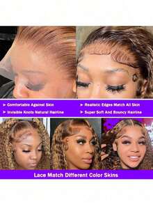 ZHENDEFA 360 Degree Water Wave Invisible Lace Front Wig, 200% Human Hair Density, Honey Blonde Curly Hair, Ombre 4/27 Highlighted Bangs, Wet Look Fluffy Curly Wig For Women - S4/27 - View 5