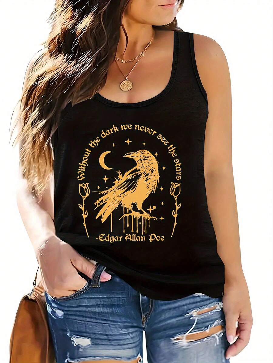 1pc Women's Plus Size Casual Sleeveless Tank Top - Raven & Text Print, Soft Polyester-Spandex Blend, Stretchy Round Neck, Machine Washable Lightweight Summer Top For SpringSummer, Ladies Tank Tops, Spring Fashion,  Design, Easy Care, Fashion Lovers - Black - View 1