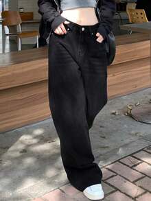 Quần jeans nữ dáng rộng, ống rộng, có túi, màu đen, kiểu dáng thường ngày. - màu đen - Xem 5