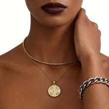 Vintage Punk Compass Double Necklace: Distressed Gold Chain + Compass Element, Punk Party/Alt-Culture Outfits, Alt-Girls' New Year Vibe Jewelry - 金色 - 查看 6