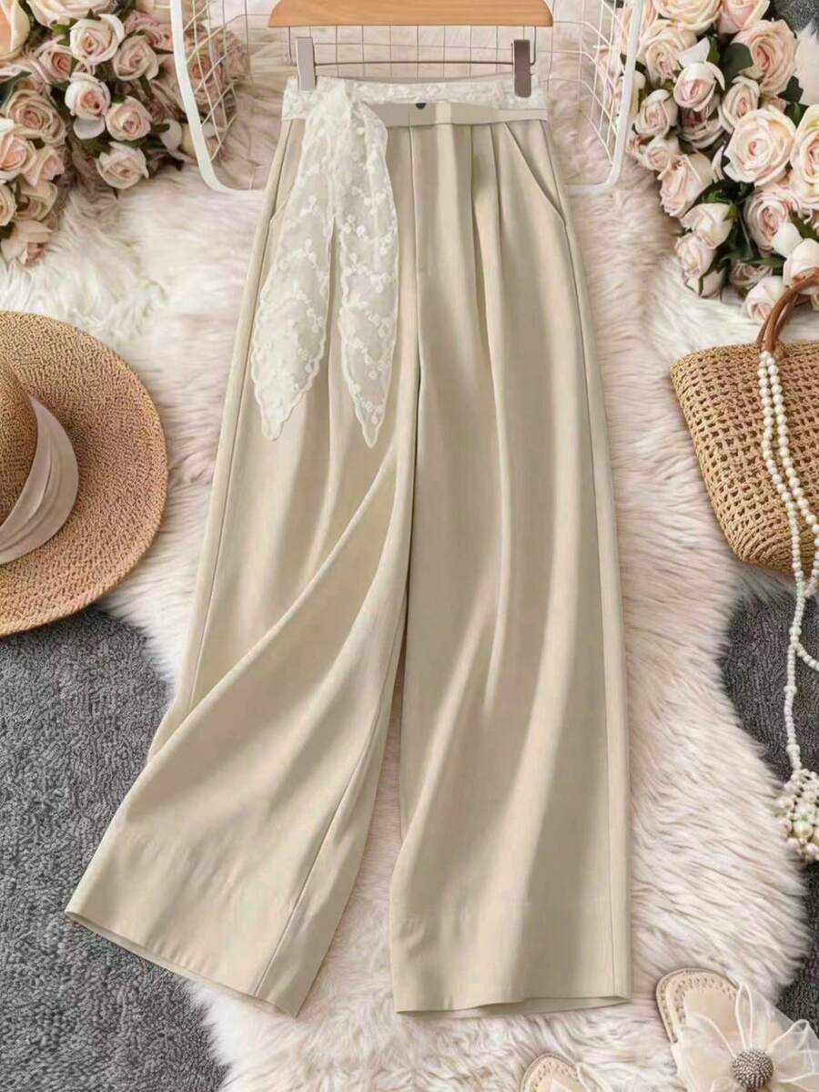 Quần dài ống rộng nữ phong cách thường ngày thanh lịch, chất liệu vải dệt, dáng rộng, có túi, đa năng phù hợp cho công sở và sinh hoạt hàng ngày, thích hợp cho mùa xuân/hè. - Màu be - Xem 1