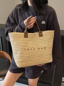 Dedoo Nueva moda Bolso de paja trenzado de gran capacidad con decoración de letras, bolso de paja trenzado multifuncional casual para ir y venir, adecuado para ir al trabajo, compras, vacaciones en la playa y la playa. - Café - Ver 8