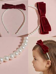 1pc/2Pcs New Year Girl Velvet Bow Hairband Exquisite Pearl Headband Children's Valentine's Day Sweet Hair Accessories - Red - View 8
