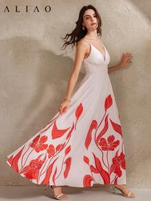 Printed V-Neck Waist Cinched Sleeveless Dress, Suitable For Holidays, Vacations, Elegant Women's Outfit, Spring/Summer - Multicolor - View 4