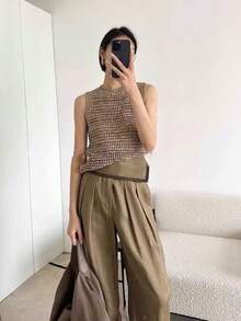 Áo không tay kiểu Pháp cổ điển, thiết kế mùa hè, áo hai dây dệt kim xuyên thấu dành cho nữ, màu trơn khoét lỗ, thích hợp cho kỳ nghỉ hè đi biển. - màu nâu cà phê - Xem 5