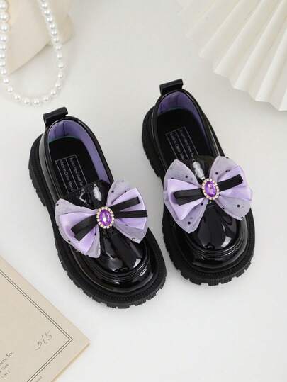 1 Pair Black Shiny PU & Purple Fabric Bow Rhinestone Decor Cute Flat Loafers/Oxfords For Toddler/Little/Big Kids, Retro Slip-On Design, Non-Slip Rubber Thick Sole, Suitable For Casual Wear, Princess Dresses, Daily School, Outdoor, Party, Beach, Spring/Summer 2026