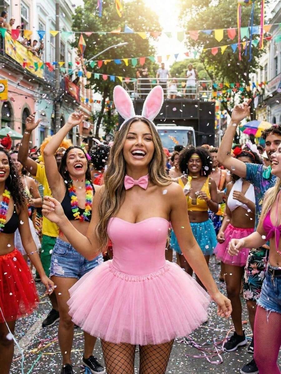 Bunny Costume Kit With Fishnet Skirt For Carnival - Bộ trang phục thỏ hồng - Xem 1