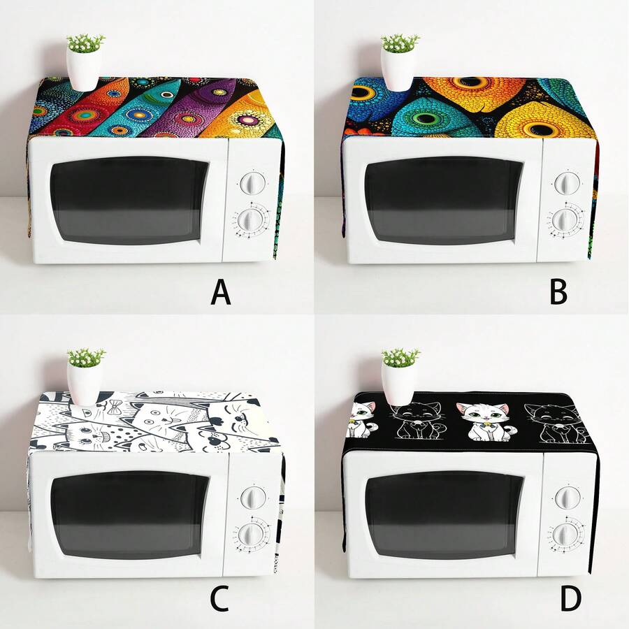 1pc Cat Print Pattern Microwave Oven Dust Cover, Decorative Dust Cover, Flat Printing, Linen Material, Non-Waterproof, With Side Pocket, Home Decor, Appliance Protection Decor, Easy To Use And Clean