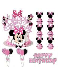 11pcs Cartoon Themed Paper Cake Topper Set, With A Sweet And Playful Style, Featuring Cute Image And Classic Polka Dot Bow Pattern. The Pink Color Scheme Is The Main Color, And The Shapes Include Letters, Cartoon Characters, Etc. It Is Suitable For Birthdays And Other Holidays, And Can Decorate Birthday Cakes, Cupcakes, And Add A Full Of Cute Atmosphere To Children's Birthday Parties, Family Birthday Celebrations, And Other Scenes. - Multicolor - View 5