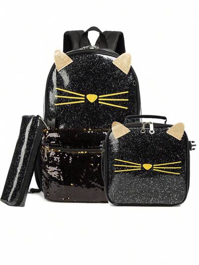 Women's Black Cat Shaped Casual Backpack With Lunch Bag & Cosmetic Bag, Glitter & PU Material 3D Design, Vivid Style Suitable For Travel, Hiking, Camping, Tourism And Various Occasions, Perfect Gift For Friends And Relatives On Festivals And Birthdays