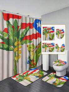 1pc Puerto Rico Tropical Frog & Banana Polyester Shower Curtain, 72x72 Inches, Waterproof Knitted Fabric, Machine Washable, Patriotic Floral Pattern, Comes With Hooks - Multicolor - View 14
