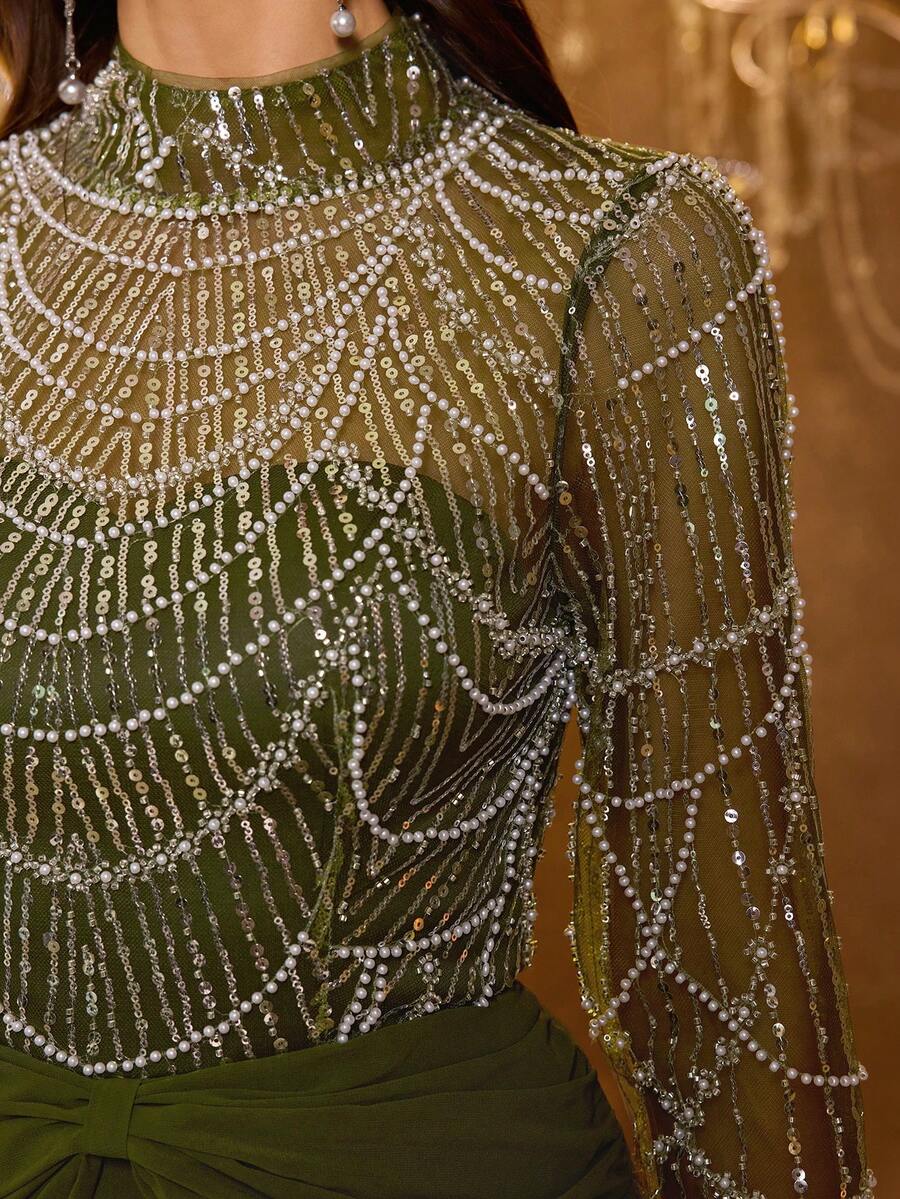UNITHORSE 女士优雅立领长袖串珠亮片网纱雪纺长款晚礼服，适合婚礼、春季派对等场合 - 橄欖綠 - 查看 1