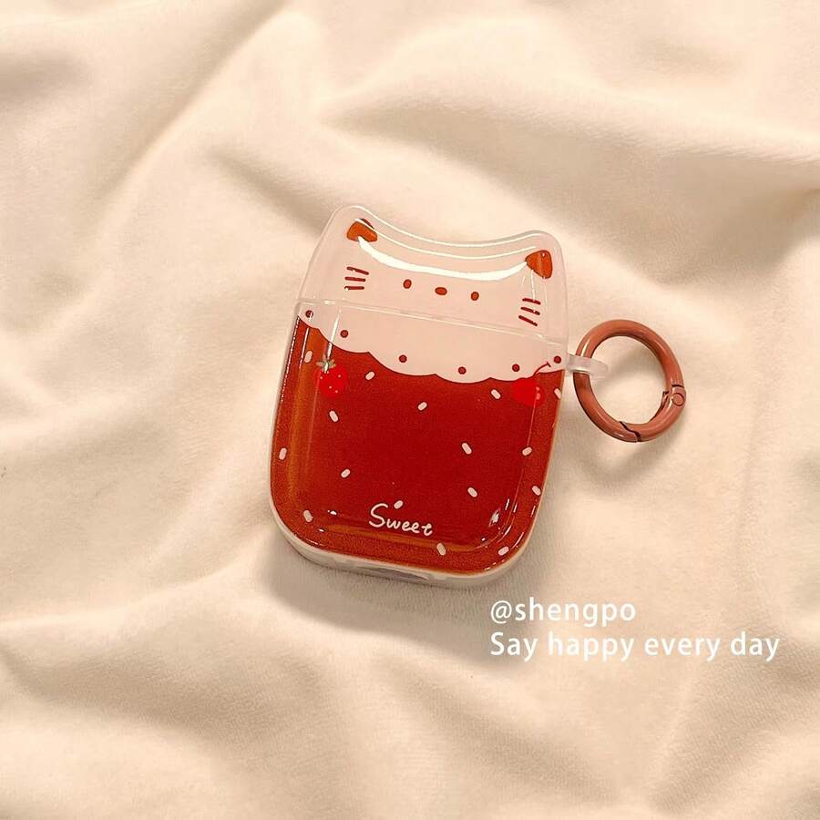 1pc Minimalist Strawberry Cat Design 4/Pro 3 Earphone Protective Case, Cute For Girls - Head - View 1