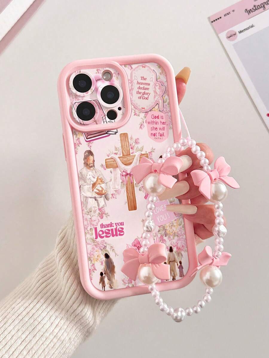 Religious Cross Engraved Concave Pink Thickened Precision Hole Simple Anti-Drop Thick Phone Protective Case With Printed Strap, Compatible With IPhone 17/17 Pro Max, 16/16 Pro/16 Pro Max, 16 Plus, 15 XR/7/8, 15 Pro Max, 12 Pro Max, 13 Pro Max, 14 Pro Max, 13, 14, 11, 12, 14 Plus, Compatible With Redmi, Phones - Multicolor - View 1