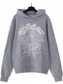 Autumn/Winter Clothing: Street-Style Hip-Hop Style Foam Spider Web Hooded Sweatshirt, Fashionable Sporty Hoodie. - Xám - Xem 8