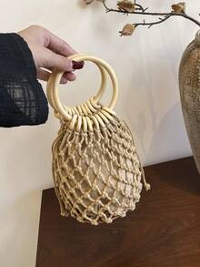 1件装 时尚百搭简约高端小众草编手提包，适合外出、海滩、派对等场合 - 卡其色 - 查看 4