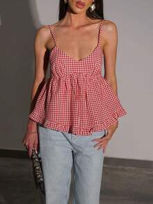 Women's Spaghetti Strap Gingham Ruffled Peplum Top - Perfect For Spring Summer Casual Outfits - Red - View 4