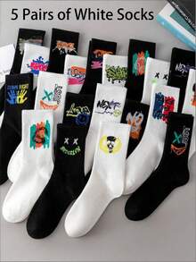 10-Pack Unisex Spring & Summer Mix-And-Match Black & White Graffiti Street Style Casual Socks – , Minimalist, Versatile Mid-Calf Socks For Couples - Multicolor - View 16