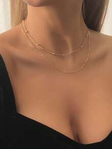 1pc Women's Simple Minimalist Style Double Layer Gold Metal Necklace, Suitable For All Seasons, Casual, Versatile - Gold - View 6