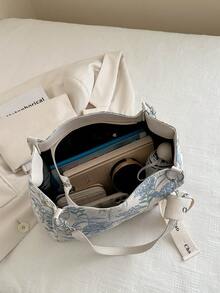 Fashionable Vintage Floral Embroidered Letter Scarf Decor Portable Tote Bag, Polyester Material Single Compartment Tote, Suitable For Women Shopping, Commuting, Travel And Daily Use - White - View 8