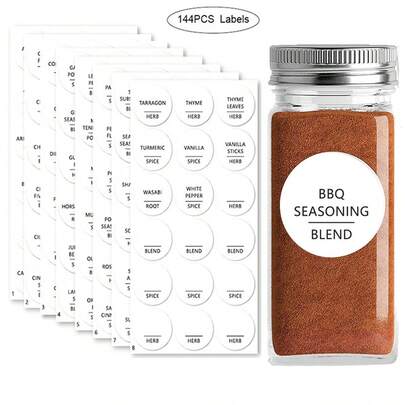 144pcs/8sheets White Waterproof Spice Labels, Seasoning Classification Labels, 3.8cm Round Stickers