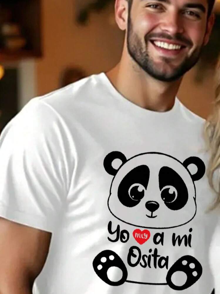 Trajes De Pareja Con Patrones De Corazón De Panda Lindo Para El Día De San Valentín, Disponibles En Cuello Redondo, Mangas Cortas Casuales, Varios Colores, Tallas S-XXL, Vendidos Como 1pc. - Blanco, para hombre - Añade 10