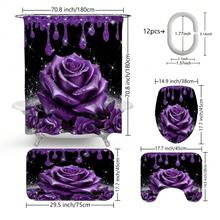 1pc/3pcs/4pcs Purple Rose Floral Bathroom Decor Shower Curtain Set, Free 12pcs Hooks Included, Elegant Holiday Atmosphere, Bathroom Mat, U-Shaped Floor Mat And Round Toilet Mat, Suitable For All Scenarios - Multicolor - View 3