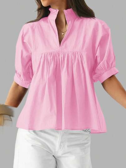 Women's Puff Sleeve V Neck Peplum Blouse Pleated Babydoll Loose Fit Casual Shirt