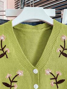 V-Neck Contrast Color Floral Embroidery Single-Breasted Casual Knit Vest, Spring/Summer - Lime Green - View 3