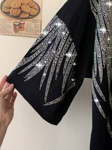 Shiny Black Plus Size Women's Midi Dress - Geometric Rhinestone Pattern Short Sleeve Loose Fit With Pockets Casual Summer Party Wear Fashionable Relaxed Style Polyester Fabric Plus Size Dress - 黑色 - 查看 11