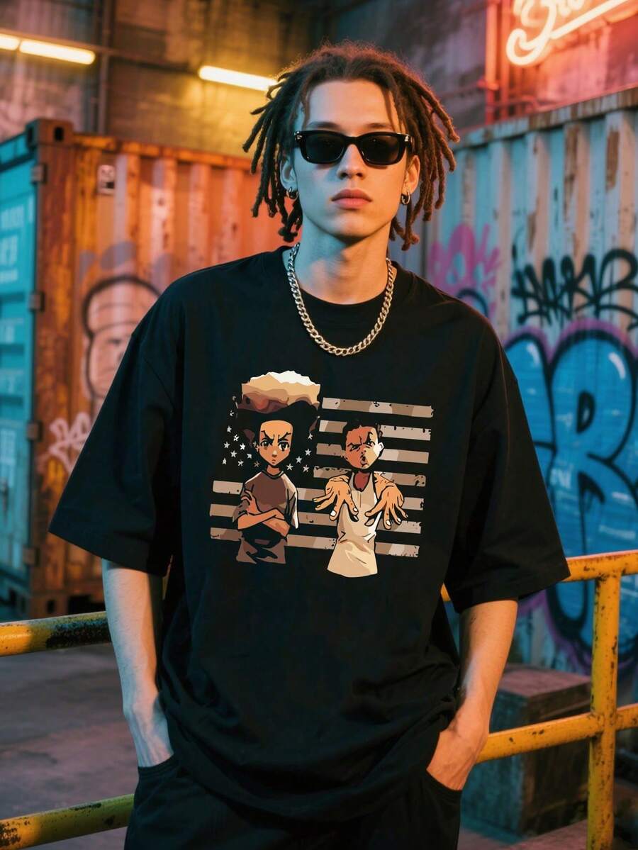 Anime Inspired T-Shirt - Comfortable And Stylish For All Seasons, Men Graphic Print Knitted Cotton Top, Machine Washable - Black - View 1