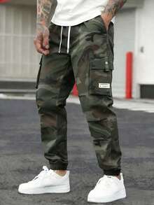 Men's Camouflage Cargo Pants, Military Style Drawstring Waist Multi-Pocket Casual Trousers - Army Green - View 2