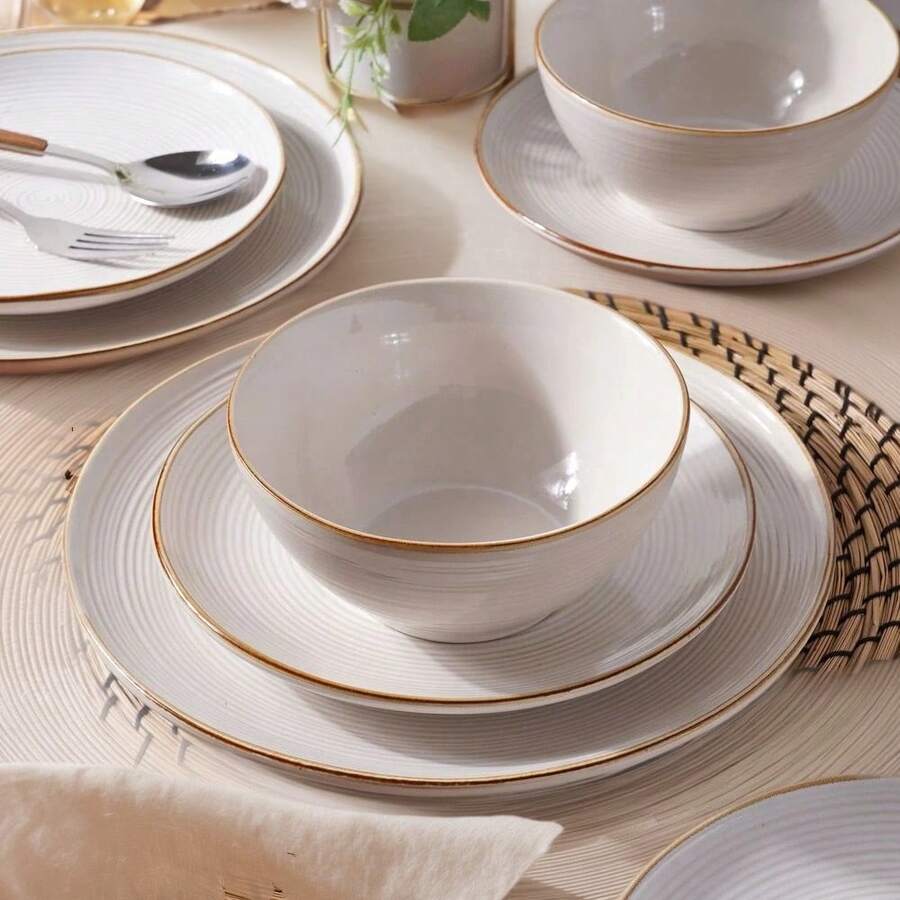 Antique White Stoneware Dinnerware Collection, 12-Piece Set Including Plates And Bowls, Serving 4 People - White - View 1