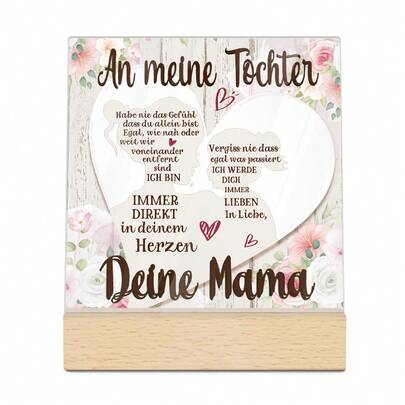 1个德语励志语录亚克力牌，带木质底座，无需电池，无羽毛，适用于家居和客厅装饰，送给女儿的礼物