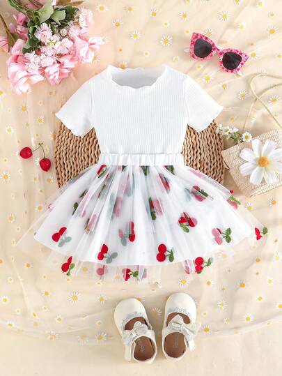 2pcs Baby Girls Set: White Ribbed Short Sleeve Top + Cherry Print Mesh Skirt, Sweet & Fresh Style For Daily Wear