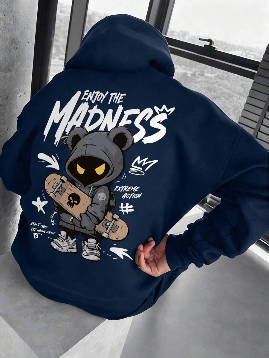 男士休闲时尚街头极限运动卡通印花袋鼠口袋抽绳宽松连帽卫衣，秋冬款 - 藏蓝色 - 查看 1