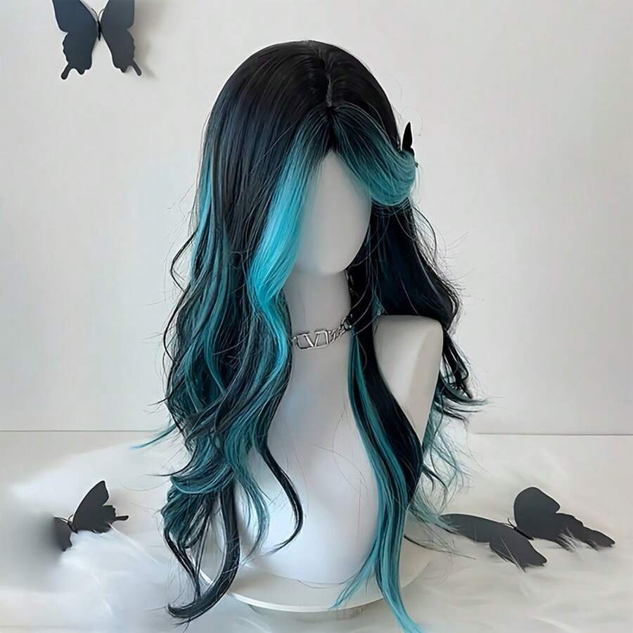 Black Wig Green Highlights Long Wavy Wig With Curtain Bangs 26 Inch Ombre Black To Green Wig Synthetic Heat Resistant For Women Daily Party Halloween Cosplay - 挑染藍色 - 查看 1