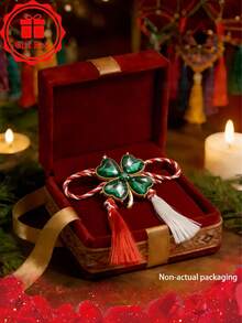 1pc Handmade Red & White Tassel Four-Leaf Clover Brooch, Gift Box Included, Suitable For Martisoare Festival On March 1, 2026, Accessory, Ideal For Holiday Gifts And Family Gatherings - Four-leaf Clover Green - View 2