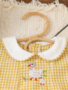 Girls' Yellow Plaid Collar Dress With Puff Sleeves, Duck Embroidery, Casual Fitted Cute Style, Suitable For Girls - Yellow - View 3
