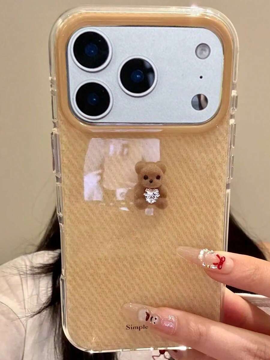 Cute 3D Bear Diamond Heart Knitted Pattern Jelly Glossy Phone Case Compatible With IPhone 17 Pro Max 17 Pro 17 16 Pro Max 16 Pro 16 15 Pro Max 15 Pro Max 15 Pro 15 14 Pro Max 14 Pro 14 13 Pro Max 13 Pro 13 12 Pro Max 11 Stylish Solid Color Shockproof Soft Cases ﻿ - Yellow - View 1