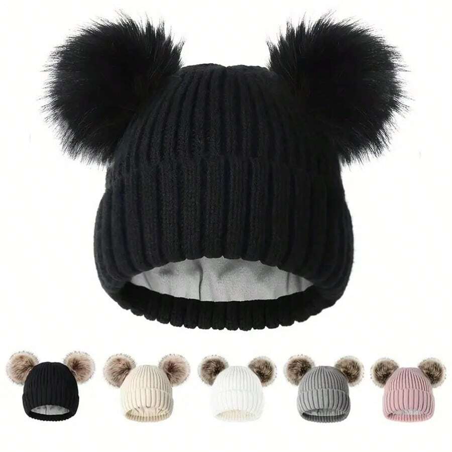 1 pièce Bonnet tricoté à revers avec pompons multicolores pour femmes, super doux, coupe-vent et thermique. Parfait pour l'automne, l'hiver, les activités de plein air et le port quotidien, l'été, la plage - noir + boule noire - Voir 1