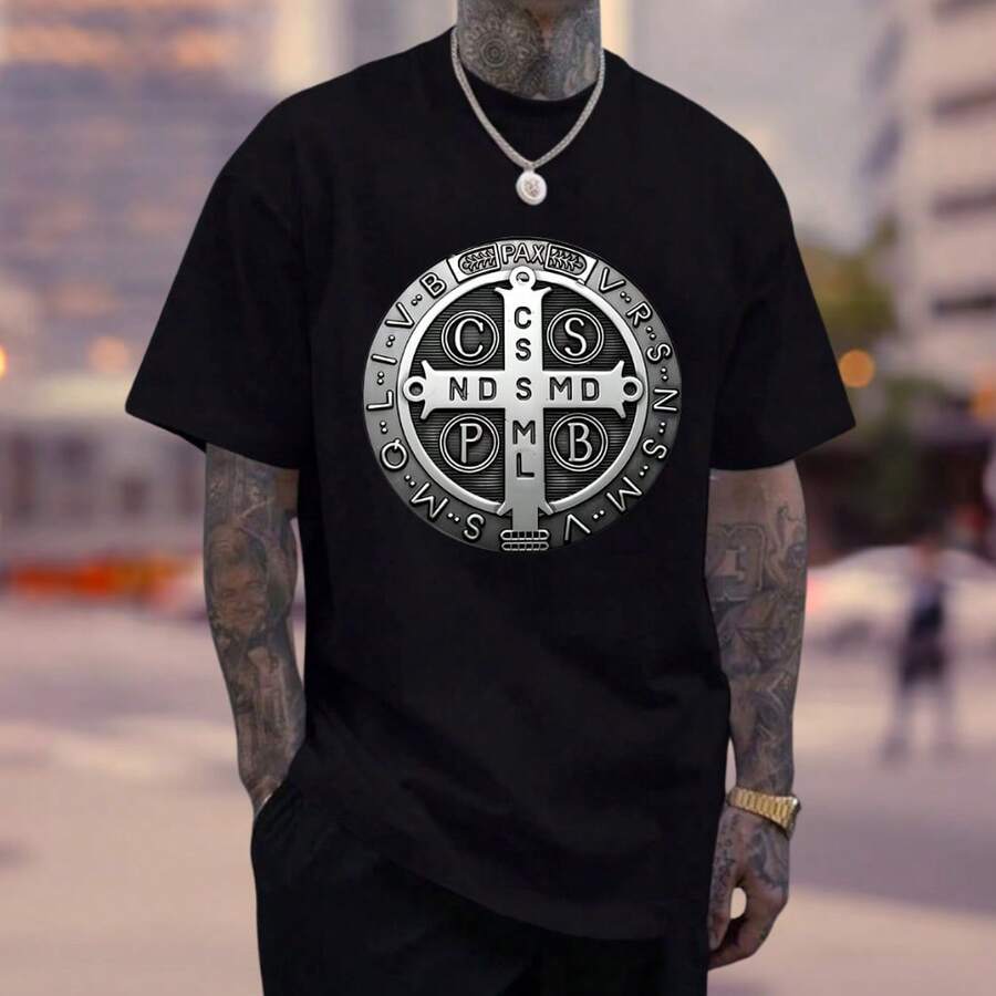 Premium T-Shirt With Saint Benedict Medal And The Holy Cross, Christian Religious Design, 100% Cotton, Immediate Shipping - 黑色 - 查看 1
